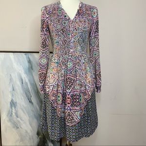 Maeve Anthro smocked bodice, Moroccan tile print dress